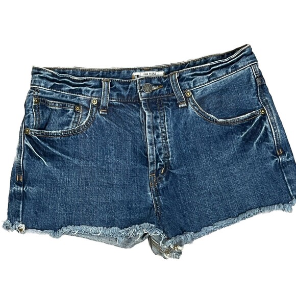 Free People Denim Cutoff Shorts 28 High Waist Blue Distressed Boho Vibe Festival - Picture 3 of 5
